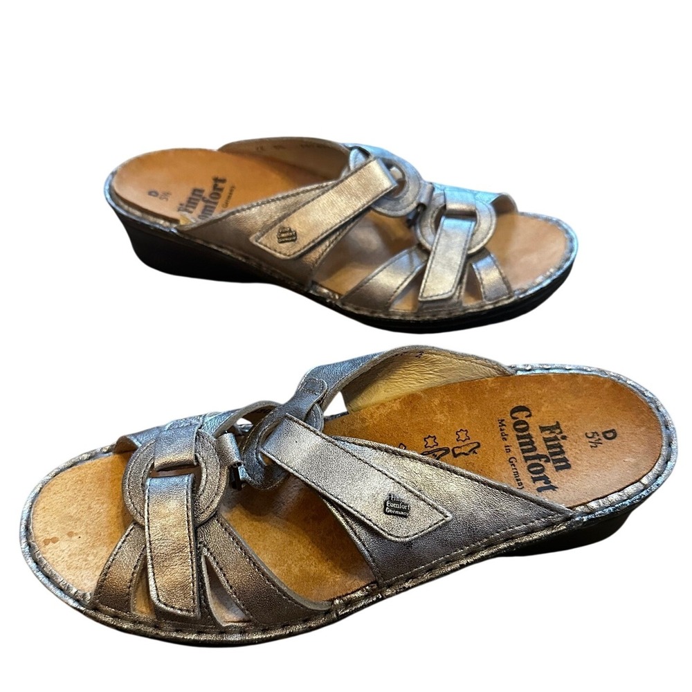 Finn Comfort Womens Silver Metallic Leather Adjustable Slide Sandals Size 5.5 D